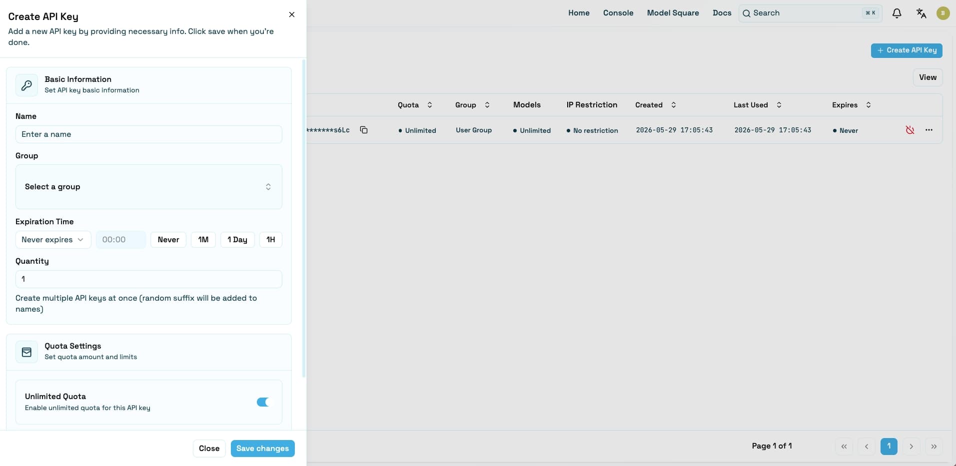 Create key dialog