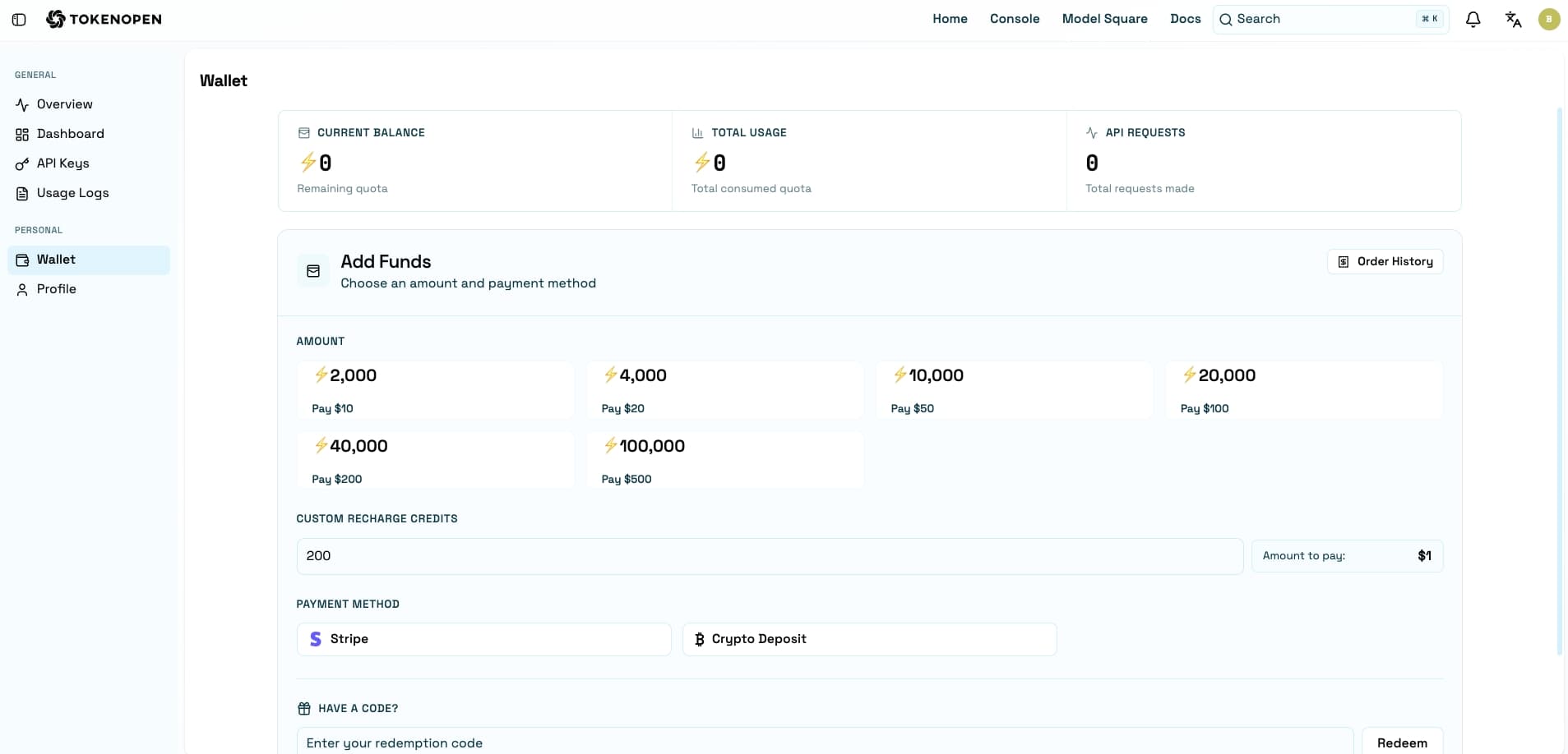 Wallet overview page